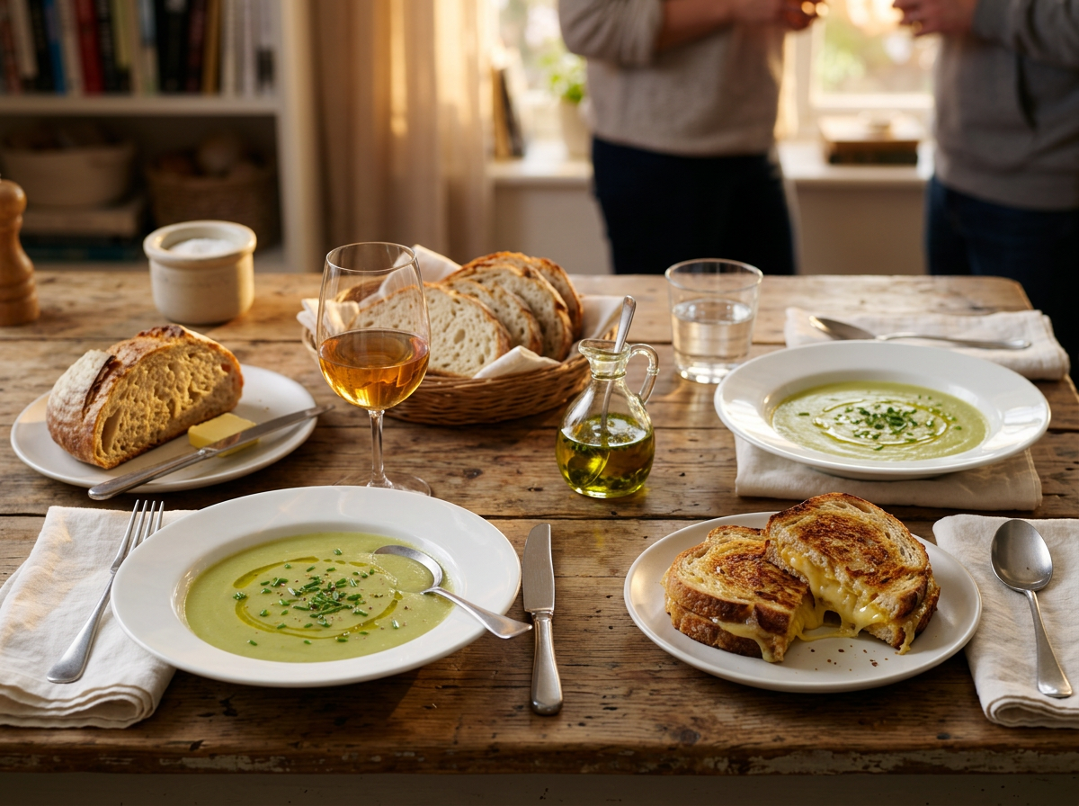 Two bowls of soup beside sliced sourdough and a grilled cheese, ready for a weeknight dinner at a kitchen table