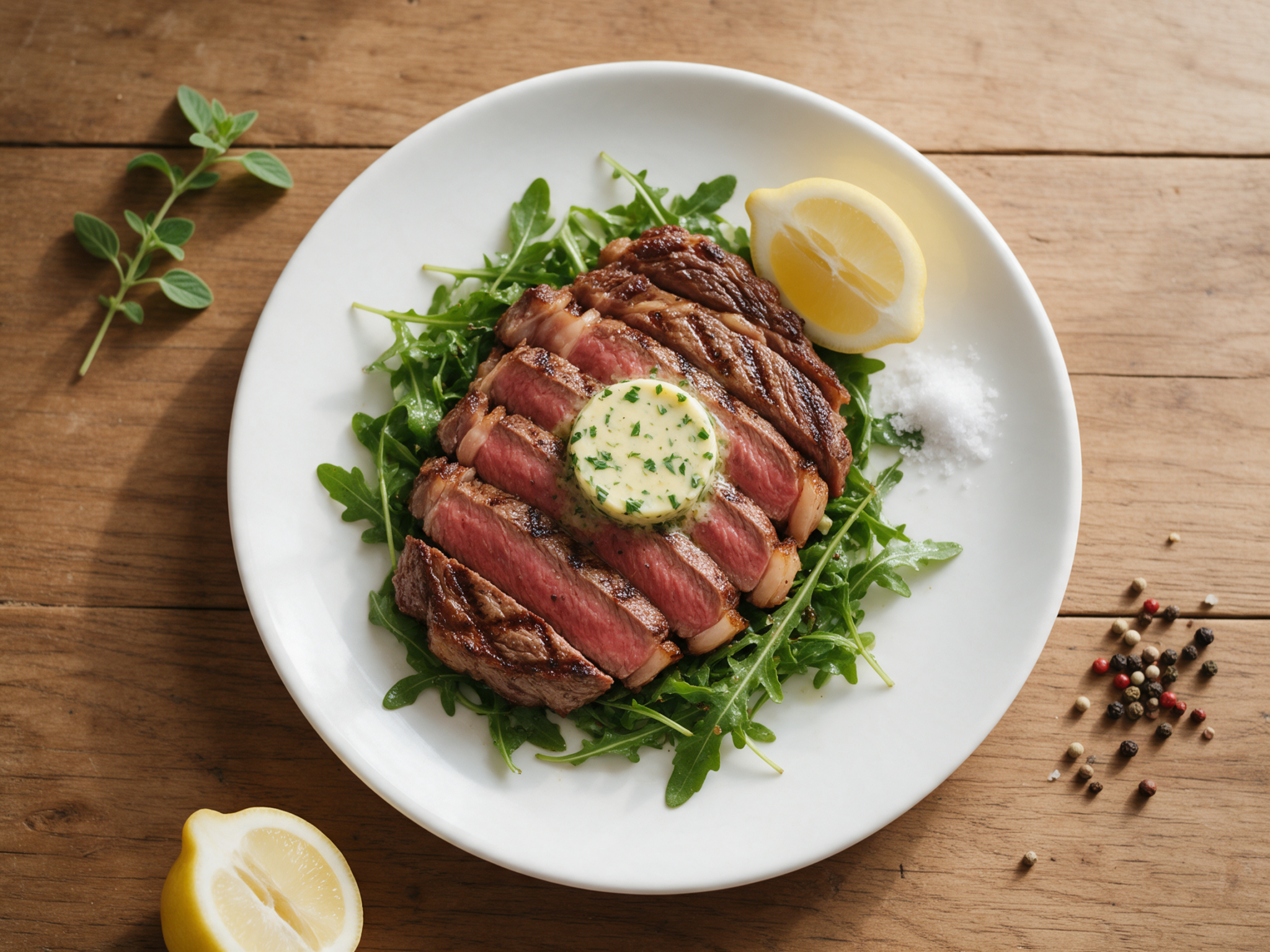 Sliced grilled rib eye with pink center, melting herb butter and arugula on a white plate, wooden table, window light