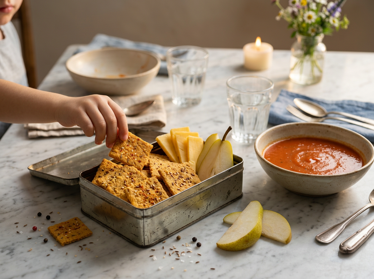 Family lunch table with a tin of crackers, cheddar slices, and sliced pears next to bowls of tomato soup