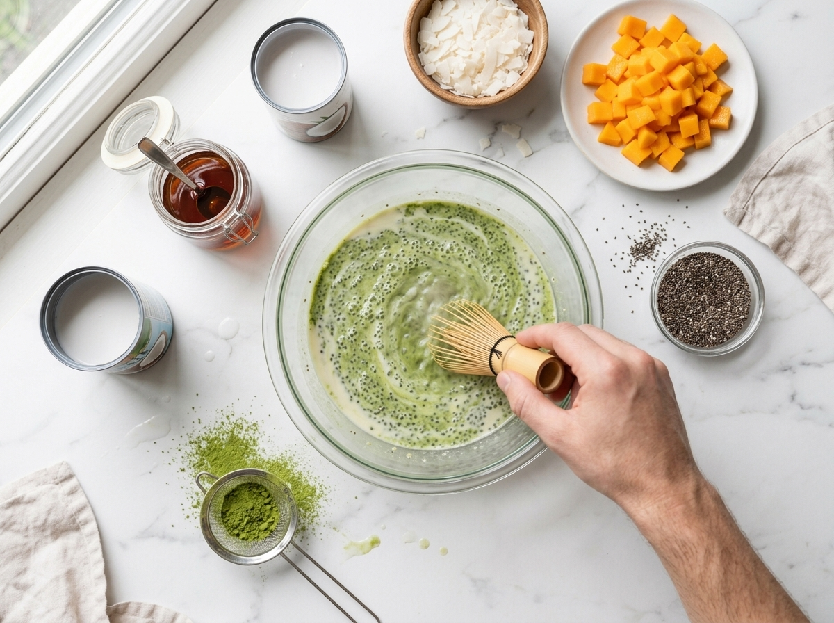 Hand whisking bright green matcha and chia seeds into coconut milk in a glass bowl beside a fine sieve