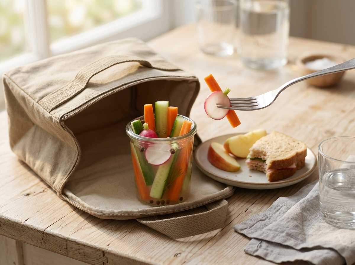 A kid's lunch bag open on a kitchen table with a small jar of tangy vegetables, sandwich and apple slices