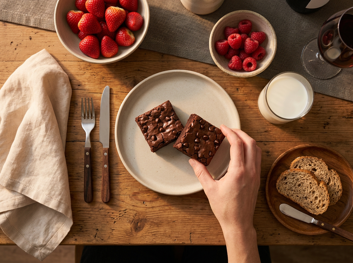 A child's hand reaching for a brownie square beside a glass of milk and raspberries on a kitchen table