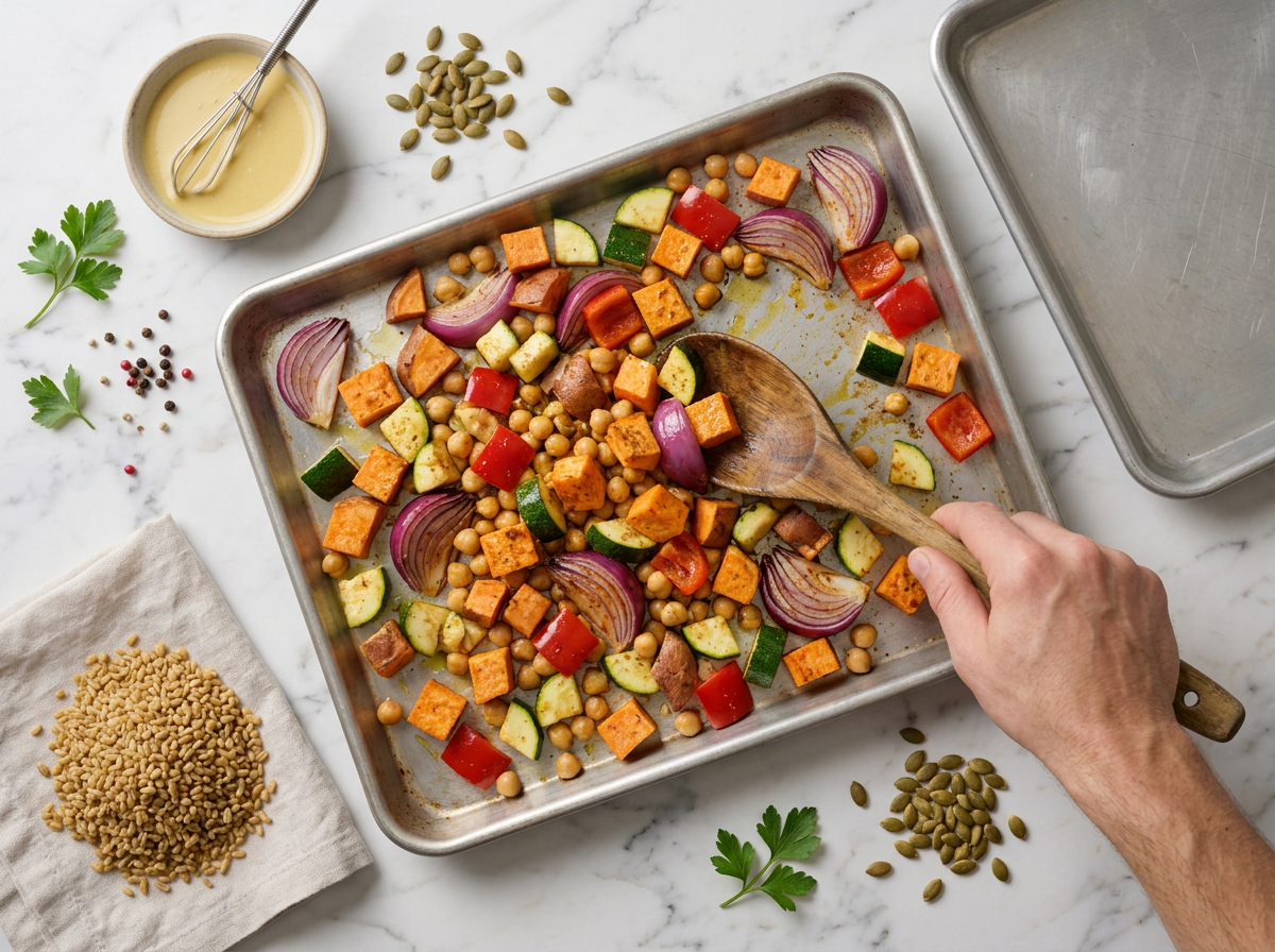 Cubed sweet potato, onion, pepper and chickpeas being tossed with olive oil and cumin on a metal sheet pan