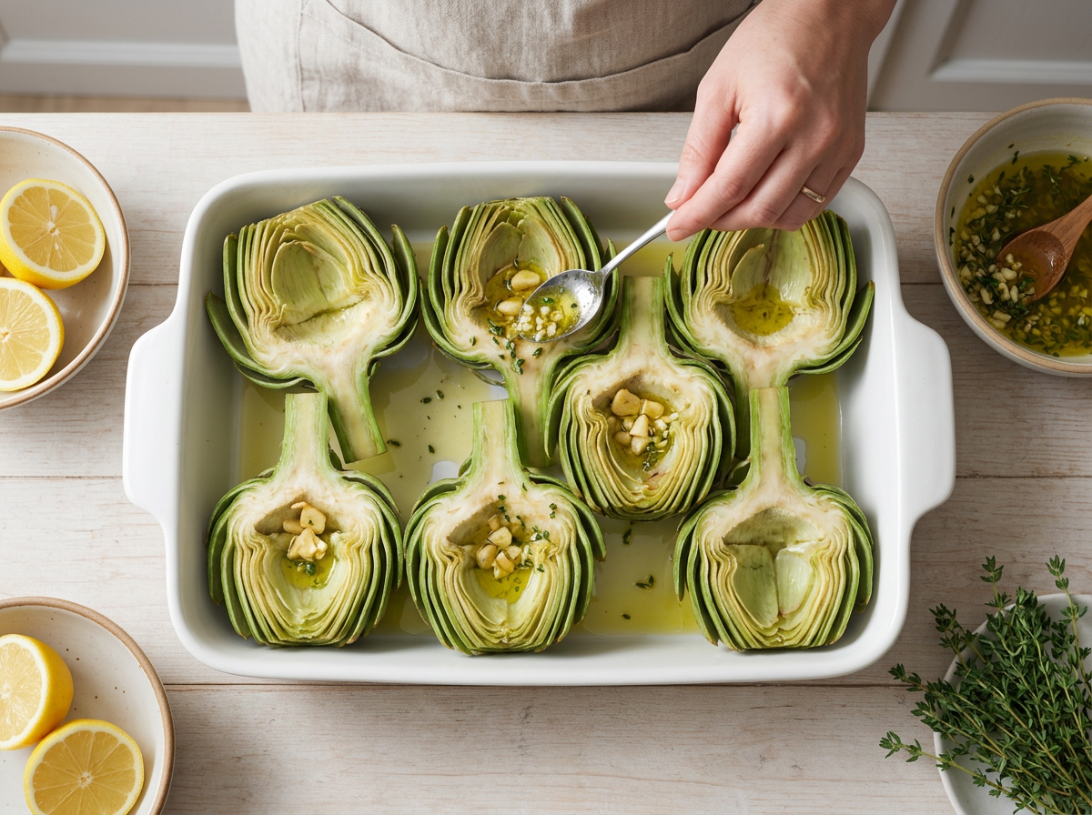Hands spooning garlic herb oil into scooped-out artichoke halves in a baking dish before the foil goes on