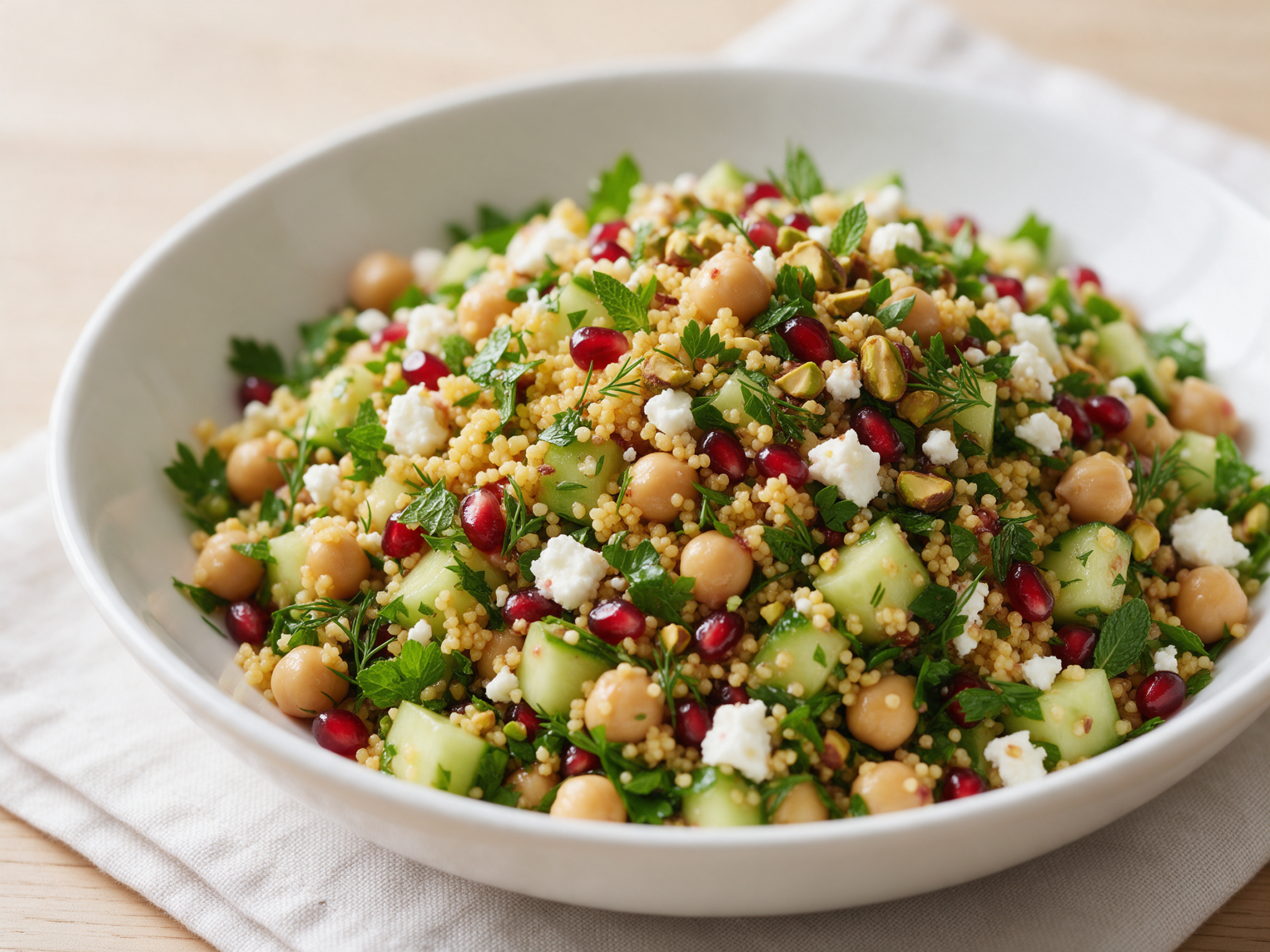Top-down view of a white bowl of millet salad with ruby pomegranate seeds, green herbs and crumbled feta on linen