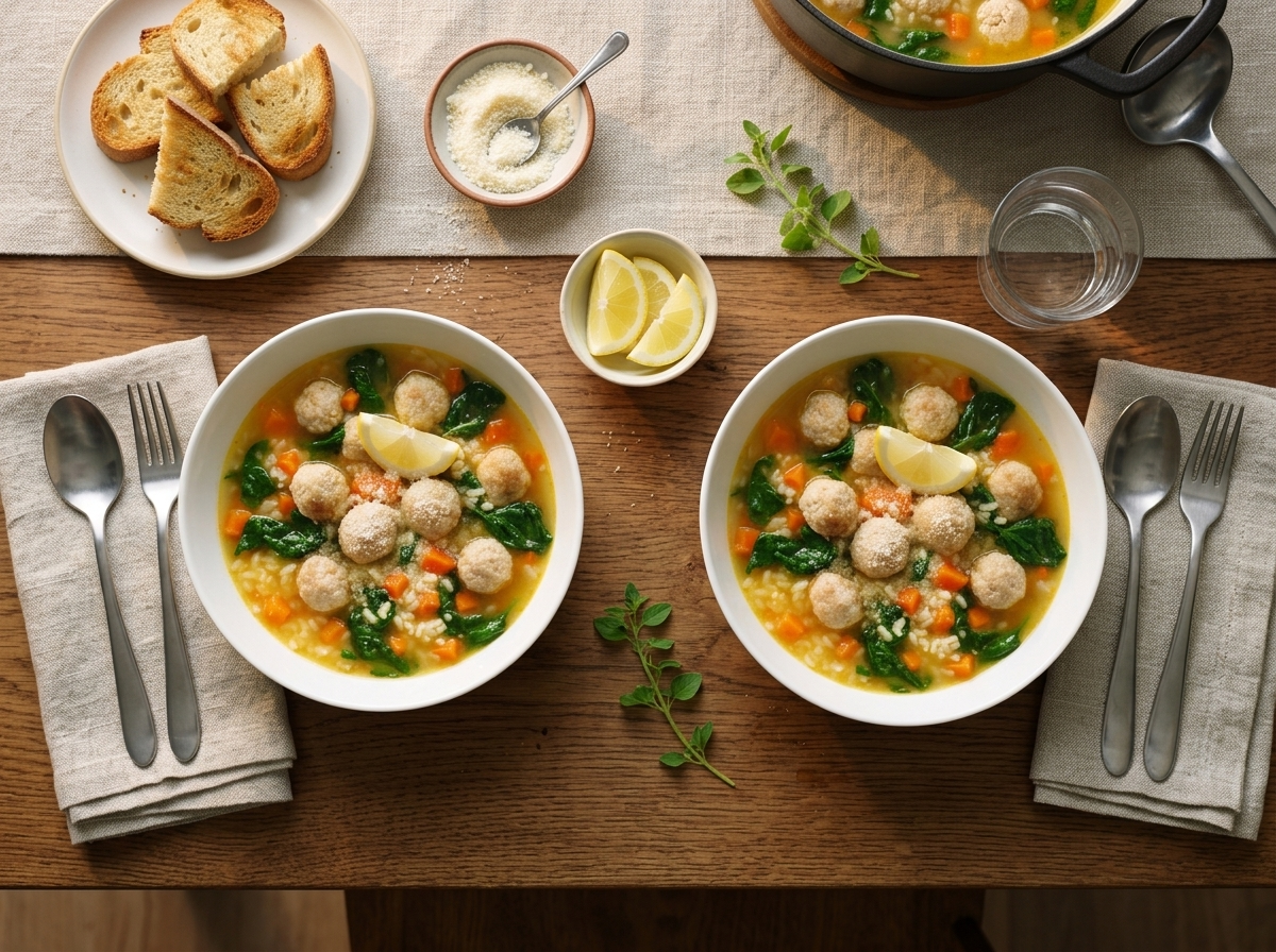 Two bowls of soup with gluten-free toast and lemon wedges on a wooden table set for a weeknight dinner