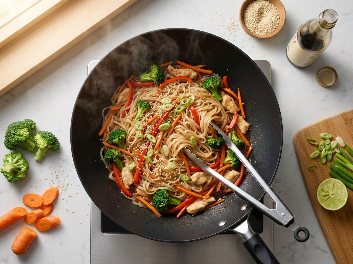 Tongs tossing soaked flat noodles with glossy tamari sauce, broccoli and chicken in a black wok