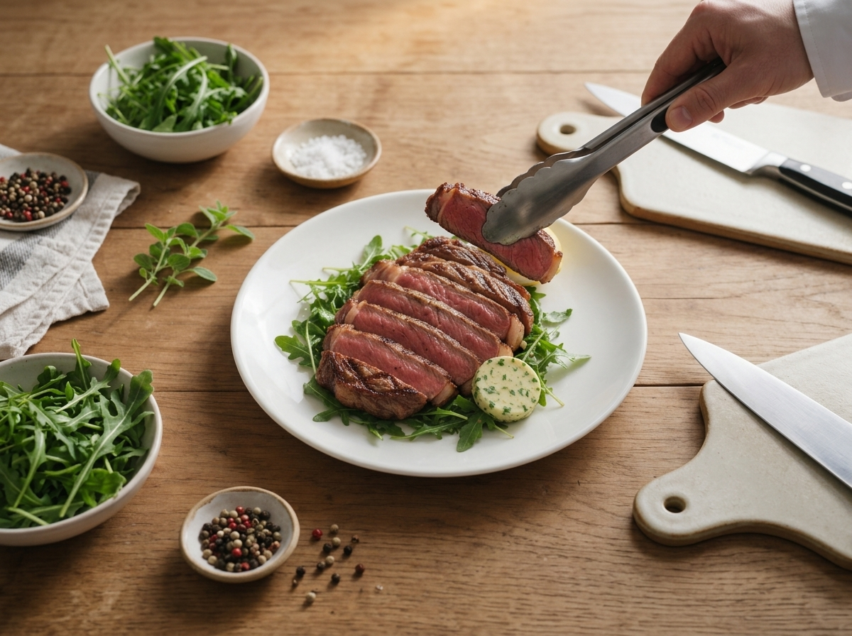 Tongs flipping a seasoned steak with dark grill marks over glowing coals, thermometer ready beside the grate