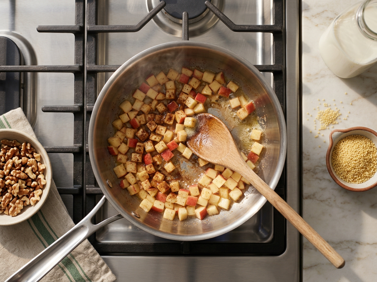 Diced apples glistening in butter and cinnamon inside a saucepan while a wooden spoon stirs them