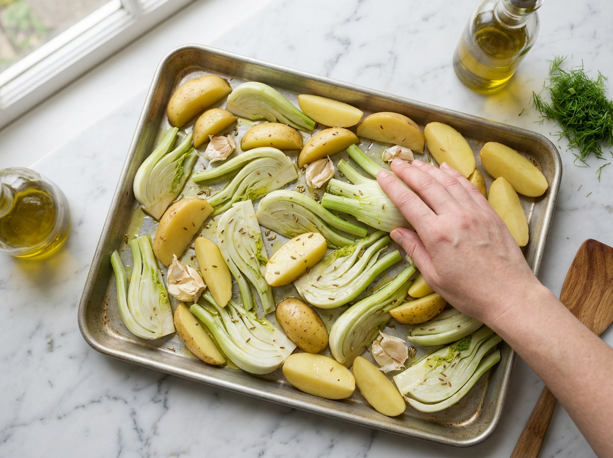 Fennel wedges and potato pieces tossed in olive oil being spread across a sheet pan before roasting