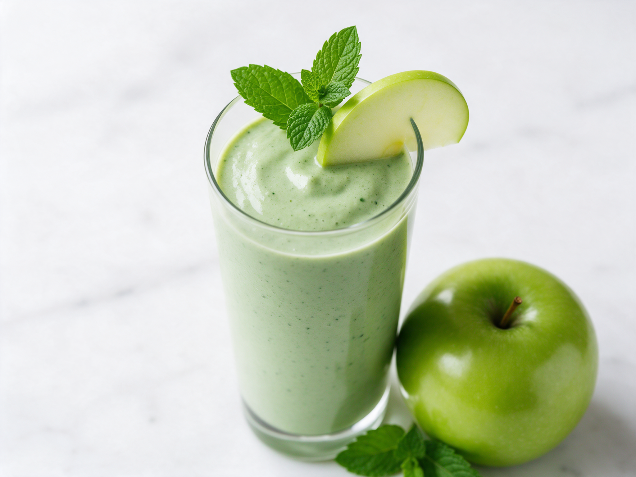 Tall glass of pale green smoothie with a mint sprig and apple slice on a white marble counter in soft window light