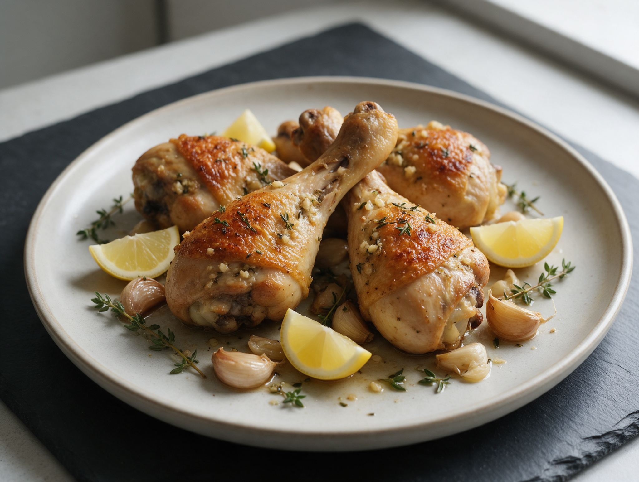 Crispy Garlic Thyme Roasted Chicken Legs with Lemon