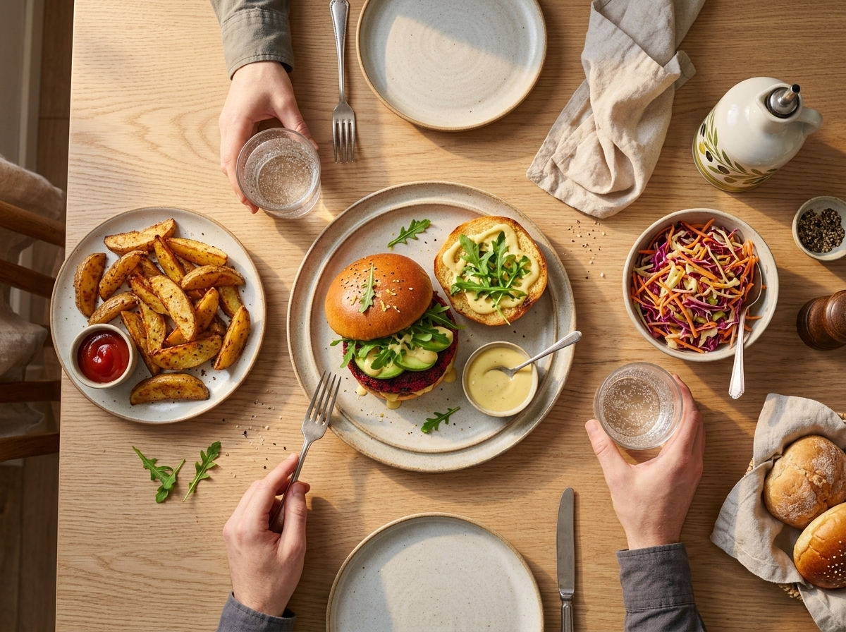 Two people sharing plates of burgers with oven wedges and slaw at a sunlit kitchen table