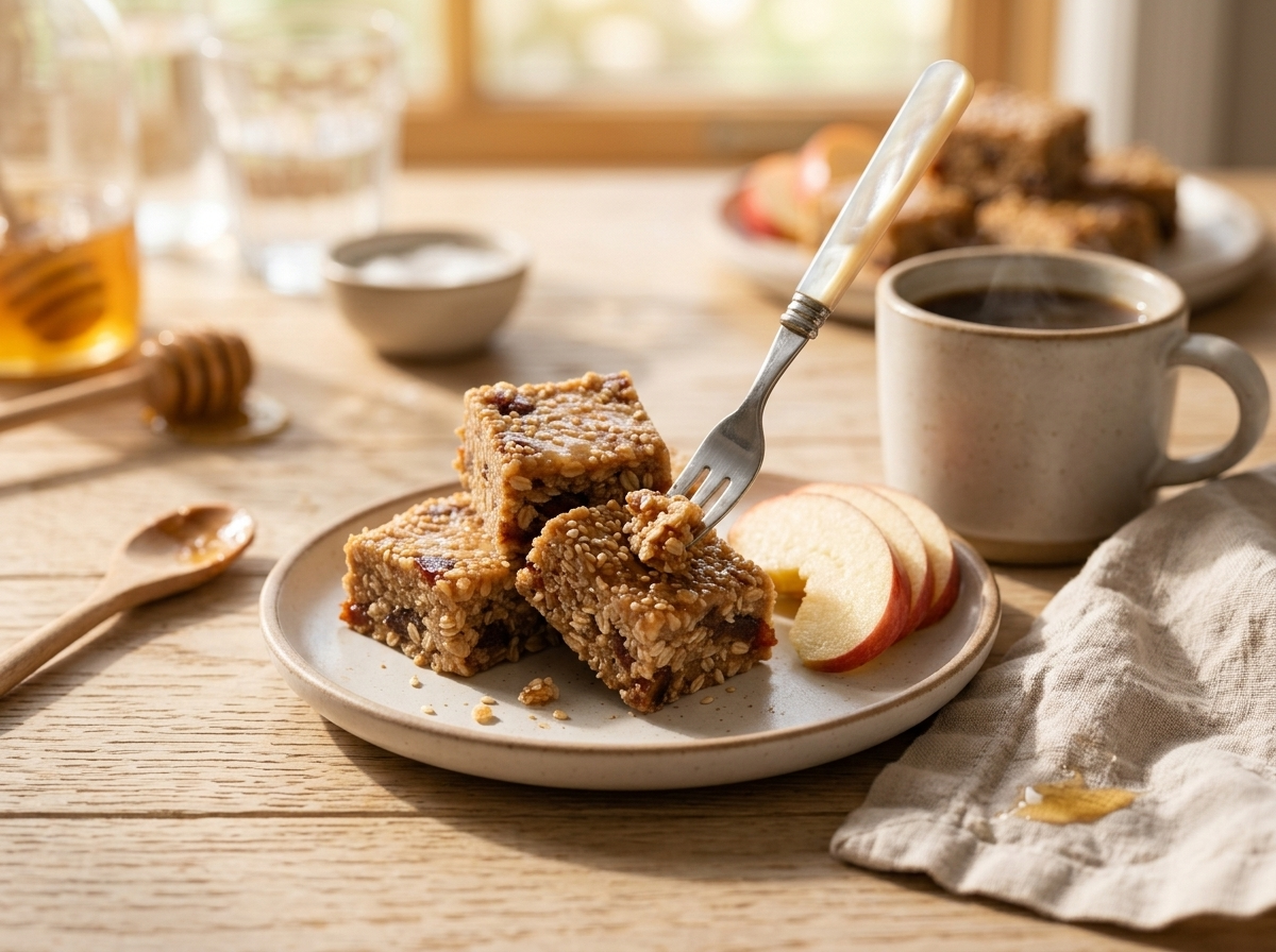 Two squares beside sliced apple and a mug of coffee on a linen napkin at a sunny kitchen table