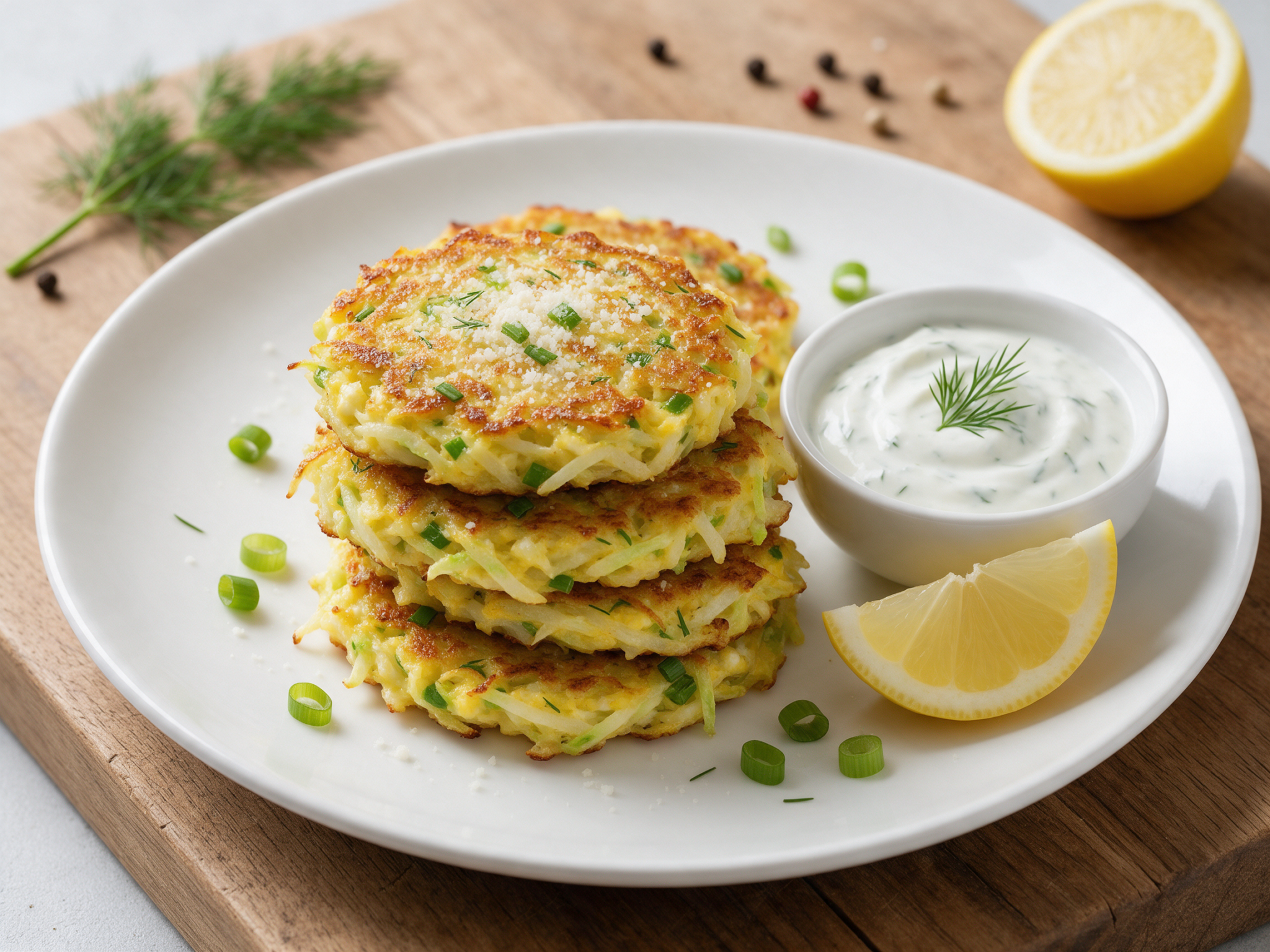 Golden kohlrabi fritters stacked on a white plate beside a bowl of lemon yogurt dip on a wooden board