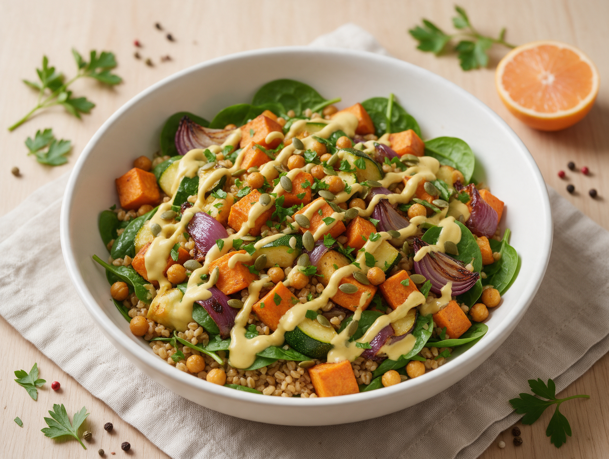 Roasted Vegetable Freekeh Salad Bowls with Lemon Tahini