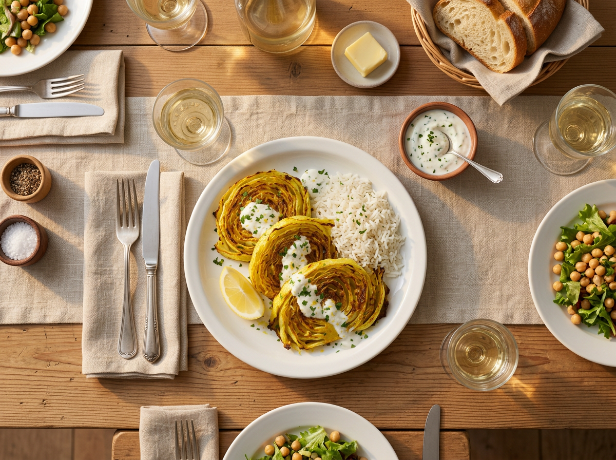 Two plates of cabbage steaks with rice and lemon wedges on a linen-covered table at dinnertime