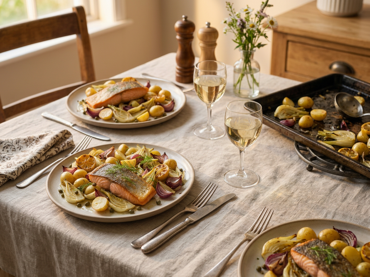 Two plates of salmon and roasted fennel on a linen-covered table beside a bowl of arugula salad