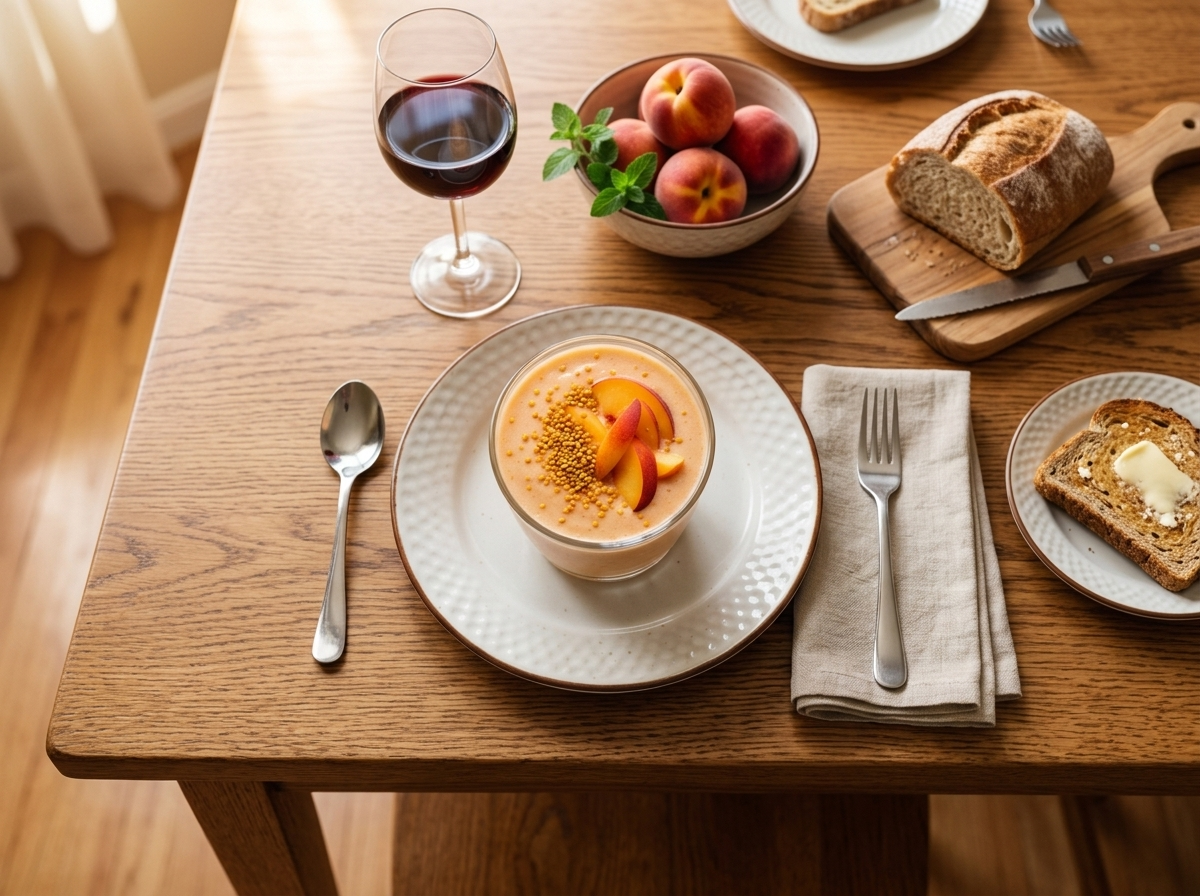 Two smoothie glasses on a breakfast table with linen napkins, buttered toast and a bowl of peaches in morning light