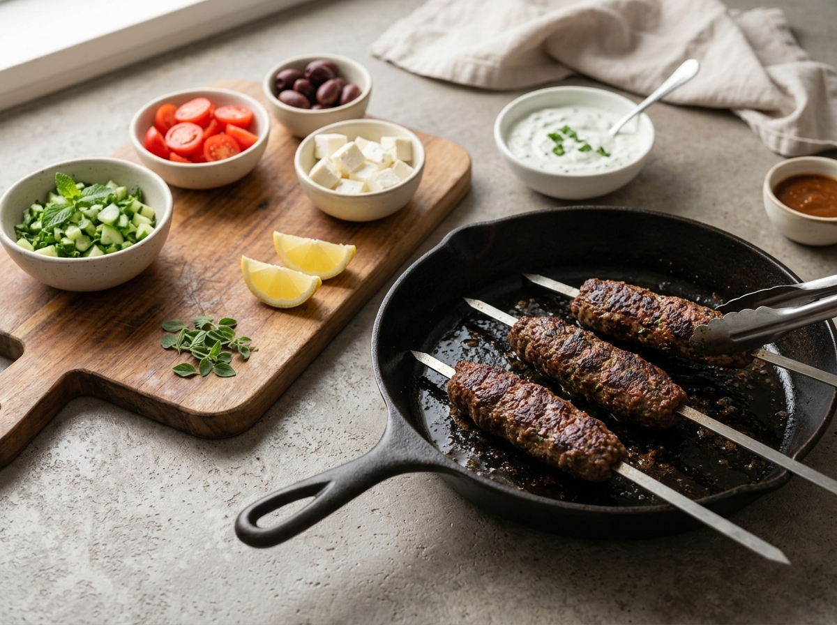 Spiced kebabs browning on flat skewers in a cast-iron skillet, turned with tongs