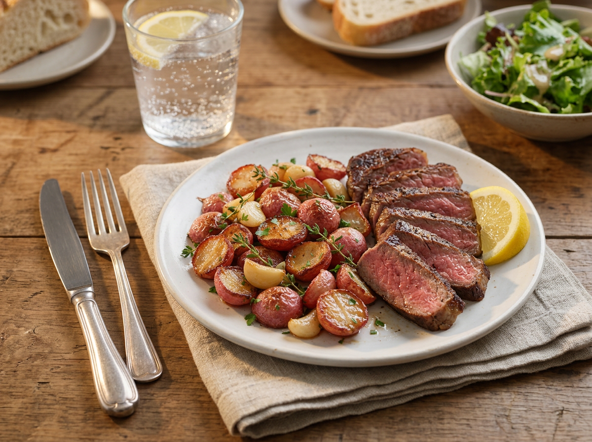 Plate of radishes beside sliced steak on a linen-covered wooden table with a lemon wedge nearby