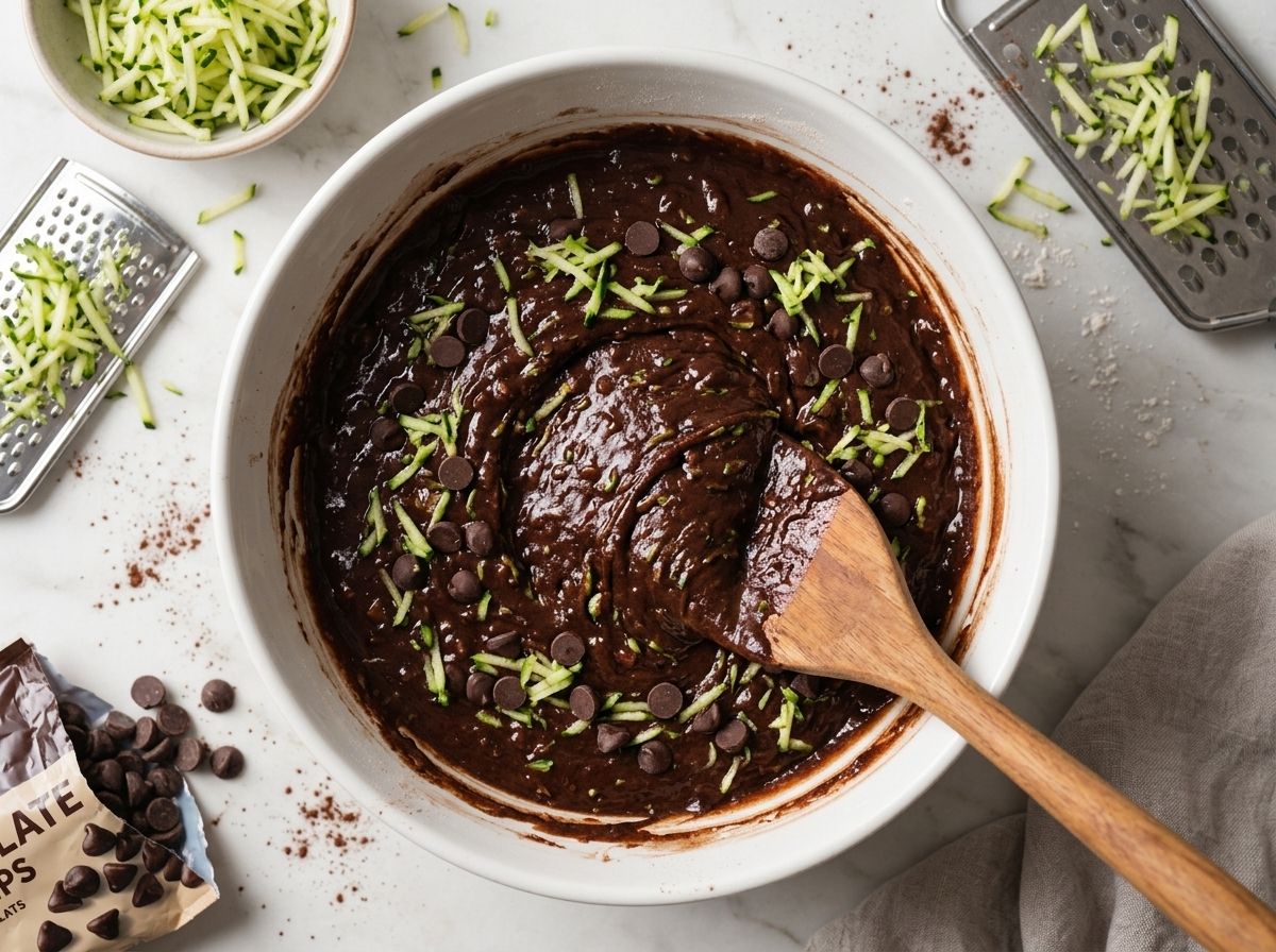 Thick cocoa batter with grated zucchini being folded with a spatula in a white mixing bowl, chocolate chips nearby