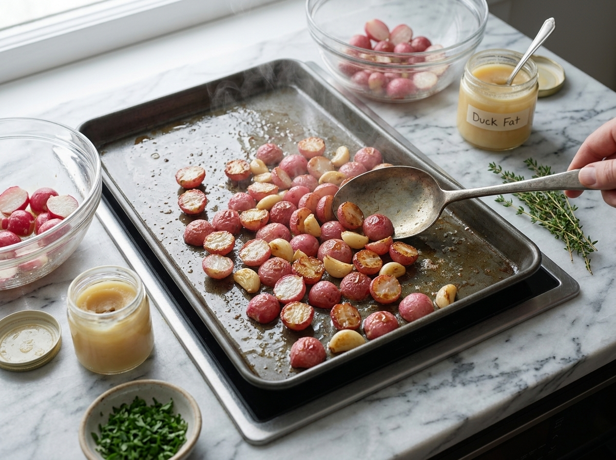 Cut radishes tossed in melted duck fat in a steel bowl before going onto the hot sheet pan