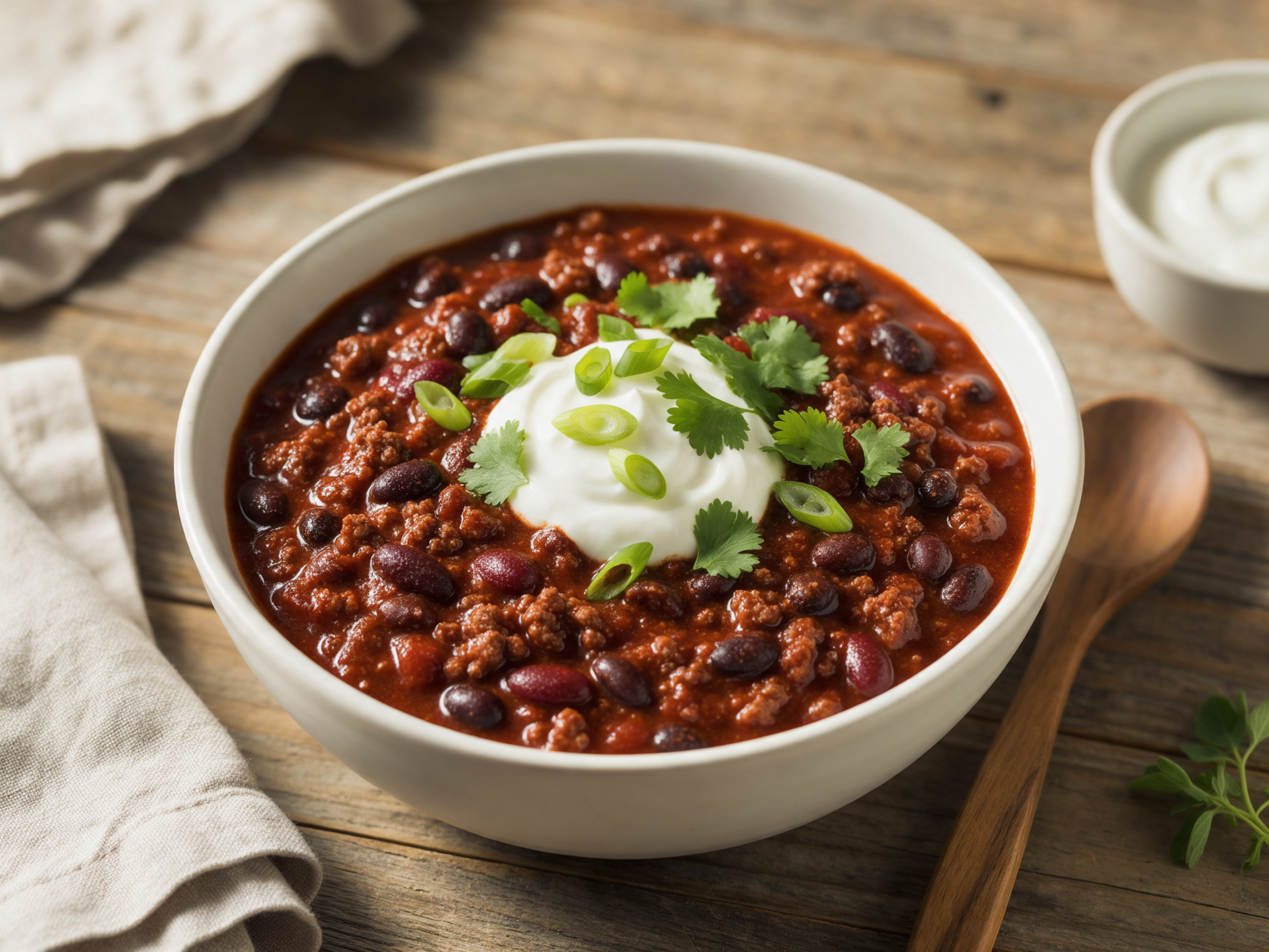 Deep red venison chili in a white bowl topped with Greek yogurt, scallions and cilantro on a wooden table