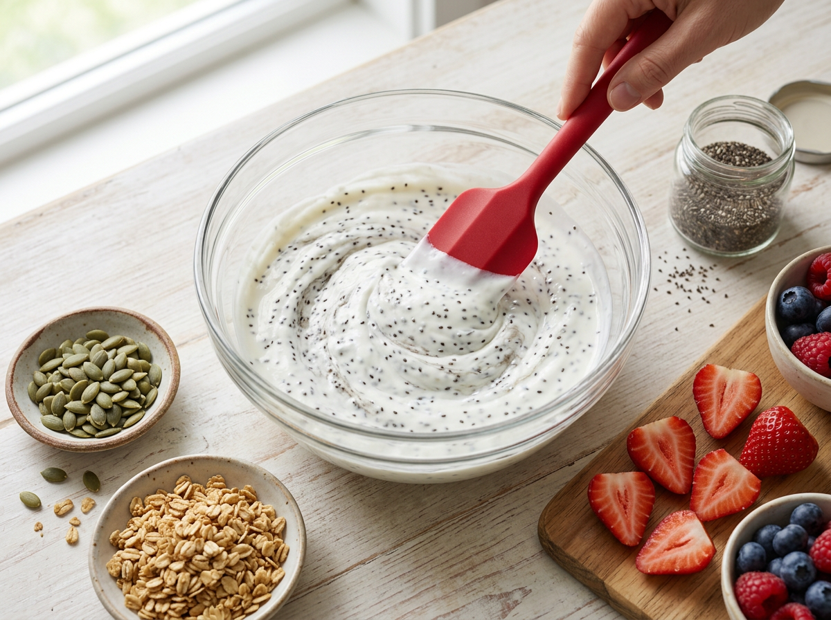 Spatula stirring chia seeds into thick white skyr in a glass bowl beside a board of halved strawberries