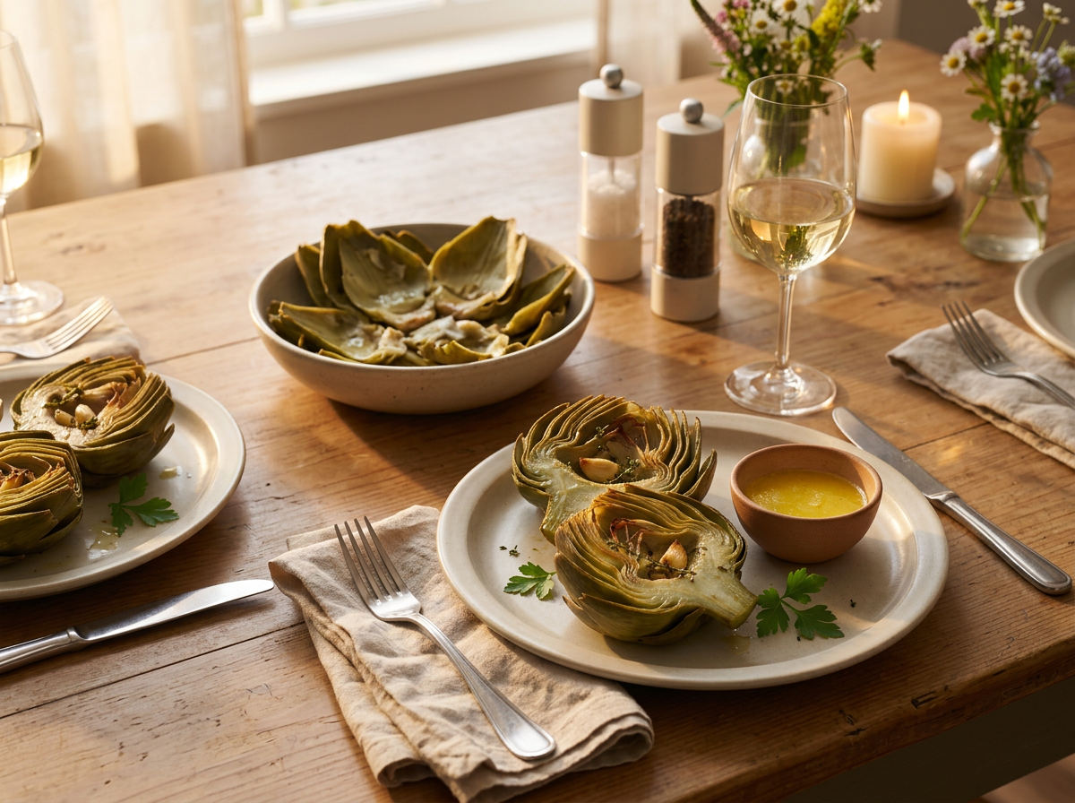 Two plates of artichokes beside a bowl of aioli and a leaf discard bowl on a linen-dressed wooden table