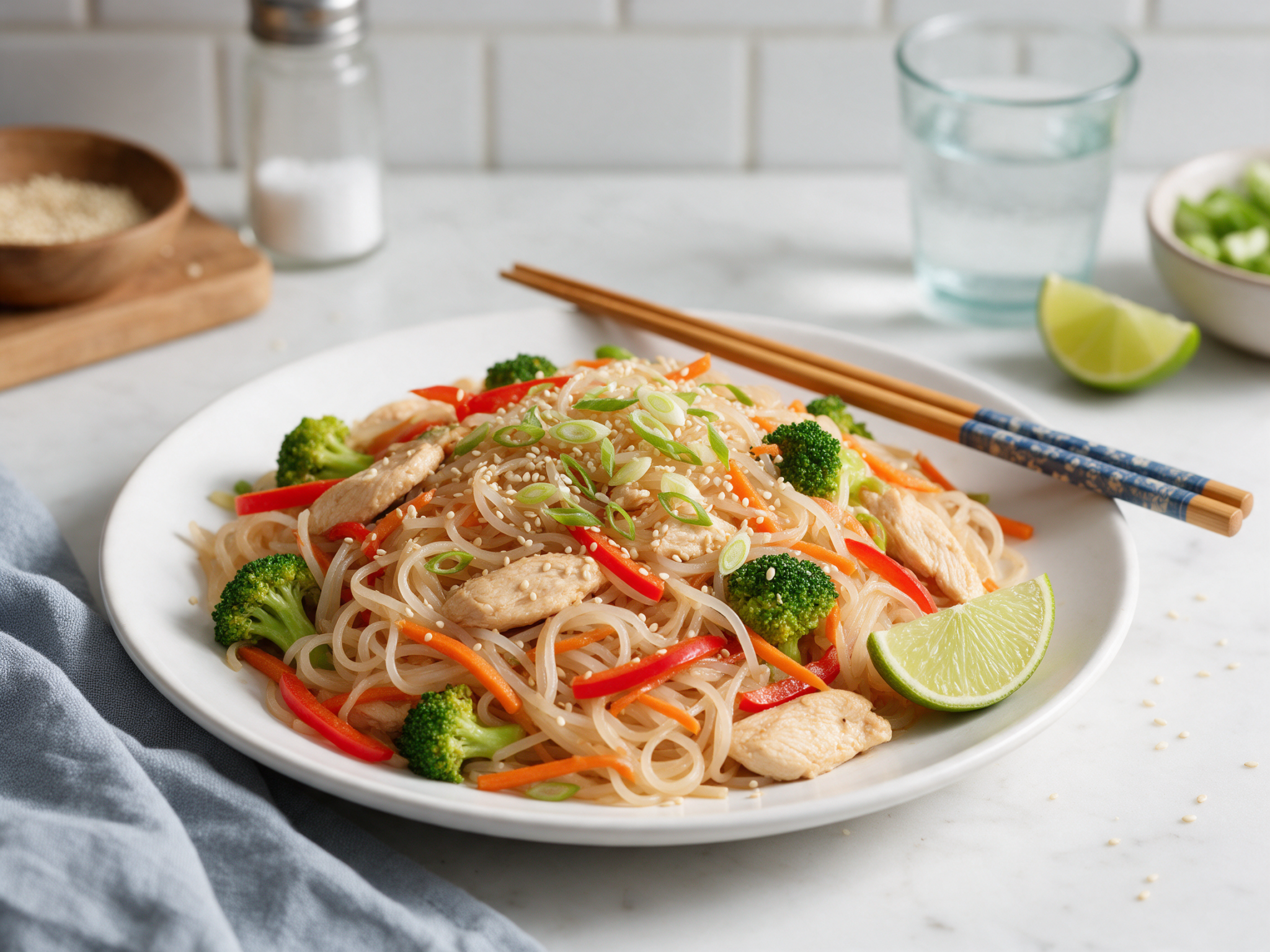 Gluten-Free Rice Noodle Stir Fry with Chicken and Broccoli