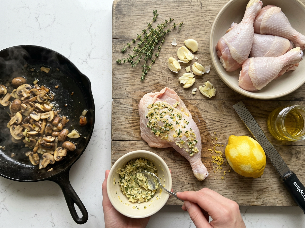 Hands spreading minced garlic and thyme paste under the loosened skin of a raw chicken leg on a wooden board