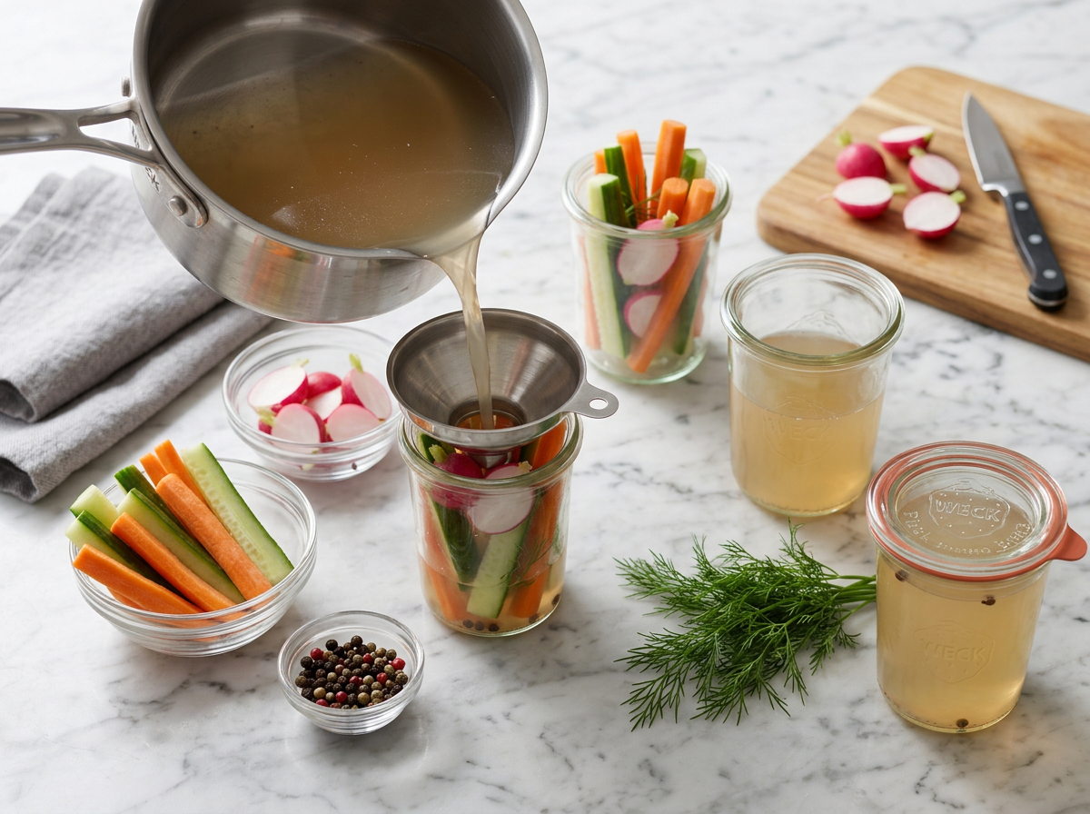 Warm brine being poured from a saucepan through a funnel over vegetables standing upright in a jar