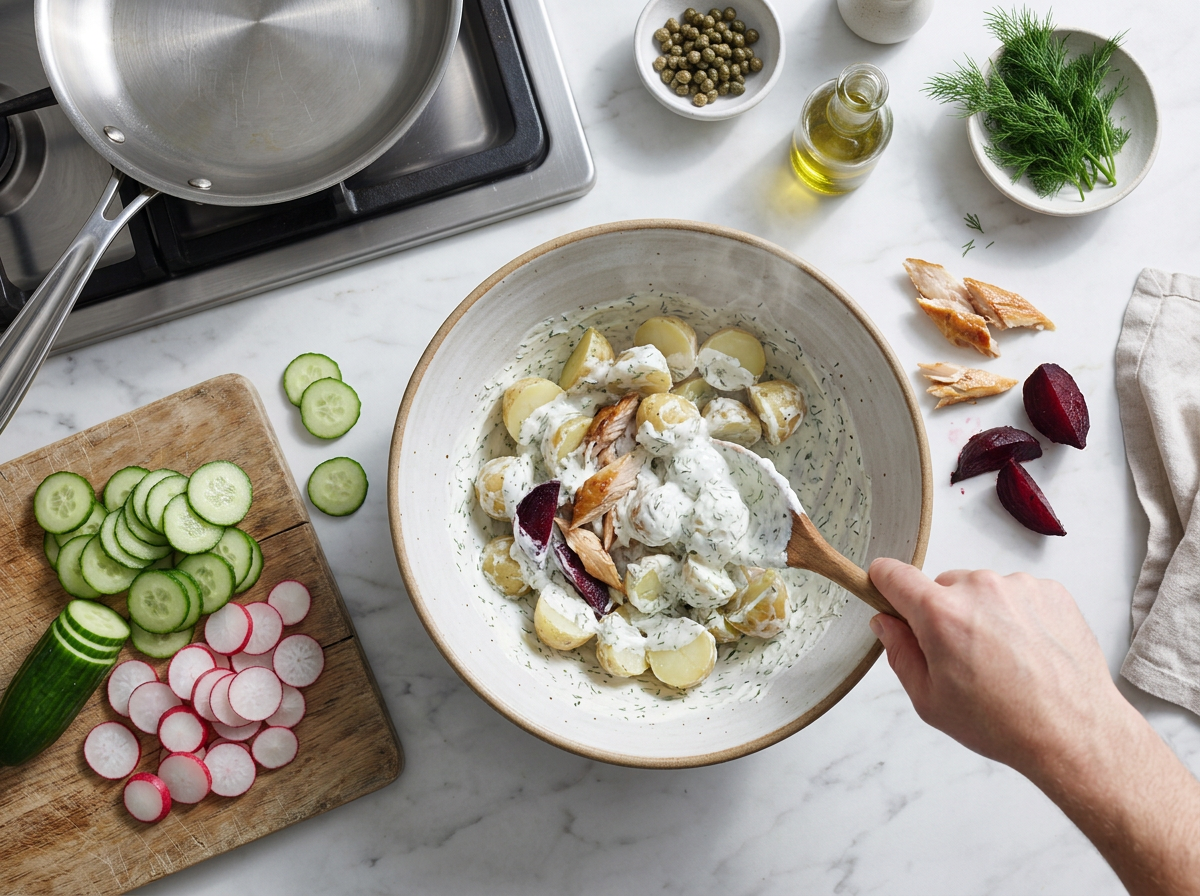 Warm halved potatoes being tossed in white horseradish yogurt dressing in a ceramic bowl