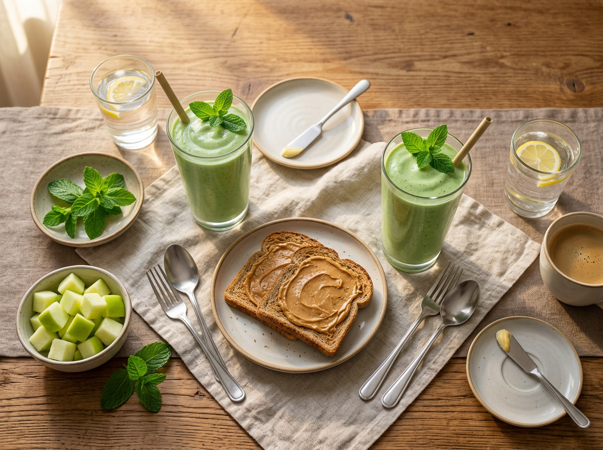 Two filled glasses with straws on a breakfast table beside a linen napkin and peanut butter toast in warm morning light