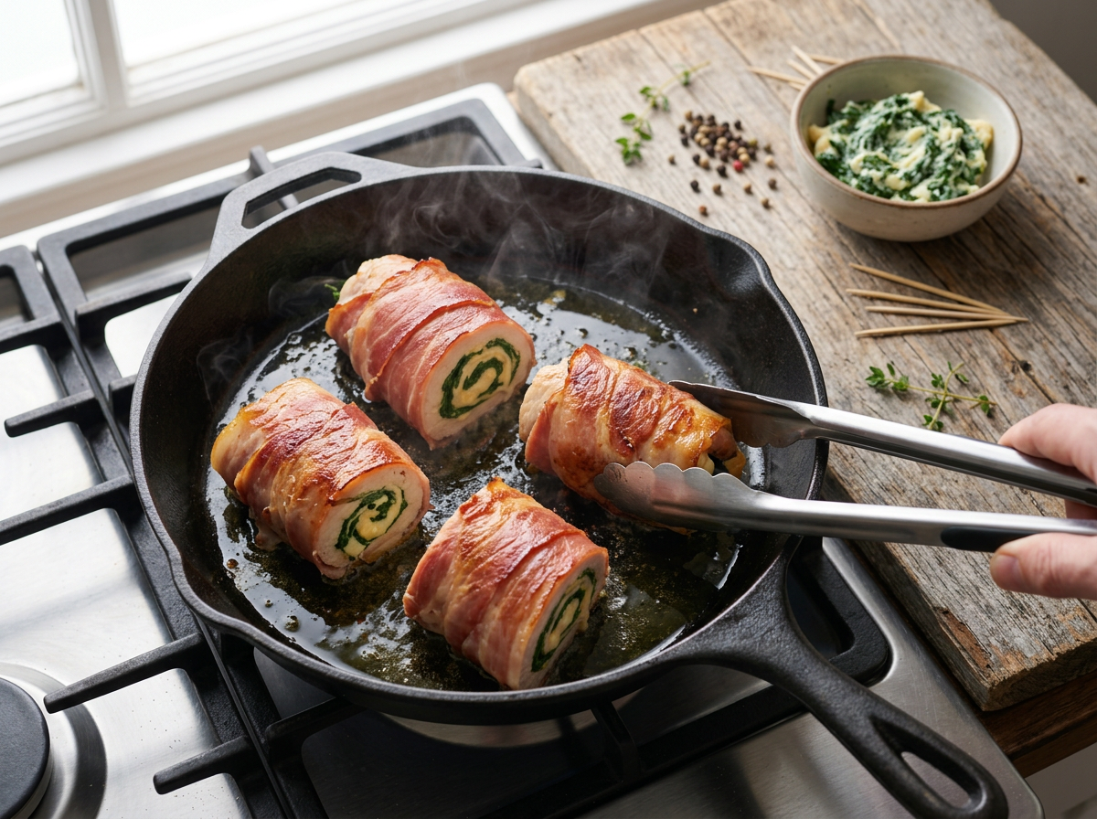 Four prosciutto-wrapped rolls browning in an oven-safe skillet while a hand turns one with tongs