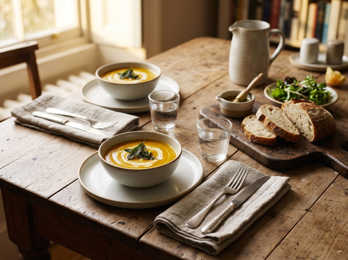 Two soup bowls and sliced bread set for a cozy fall dinner, with a linen napkin and olive oil bottle nearby