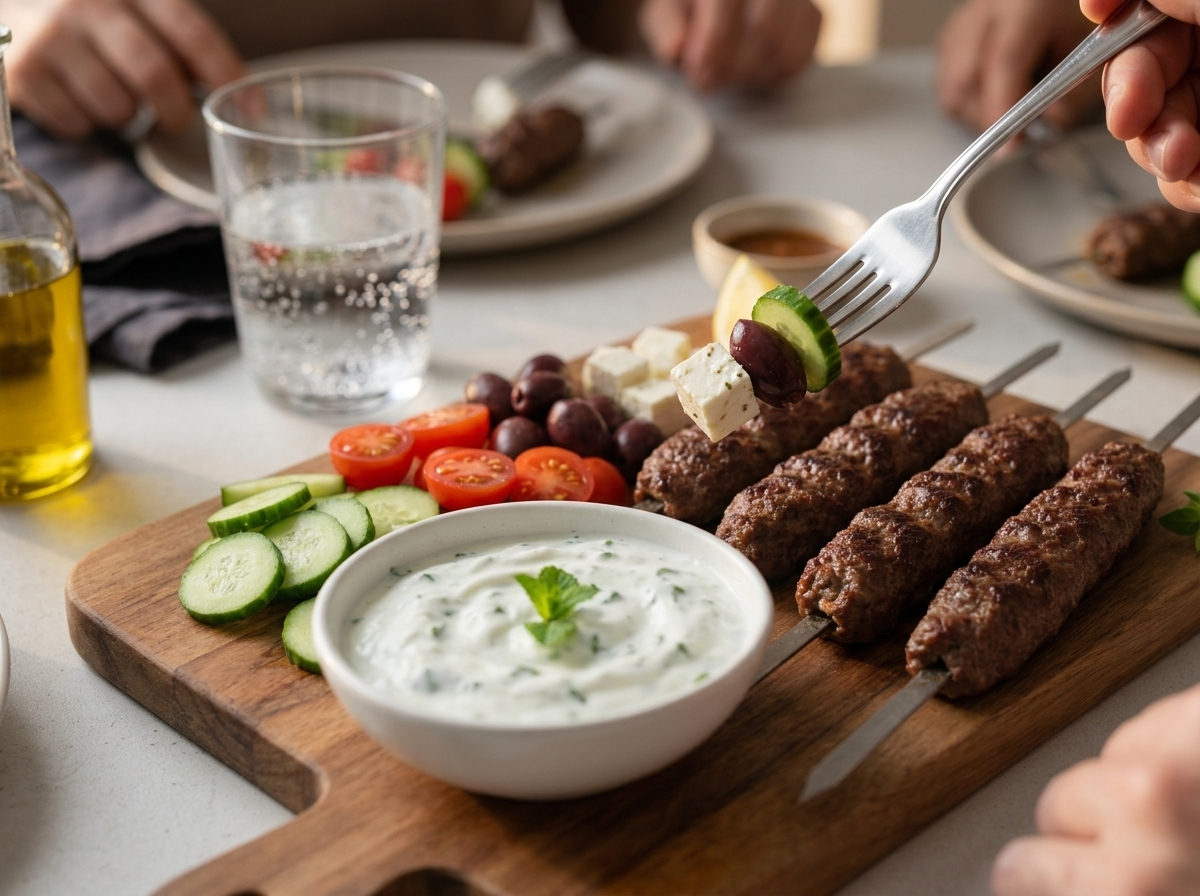 Family-style kebab board on a linen-covered table with lemon wedges, plates and hands reaching for skewers