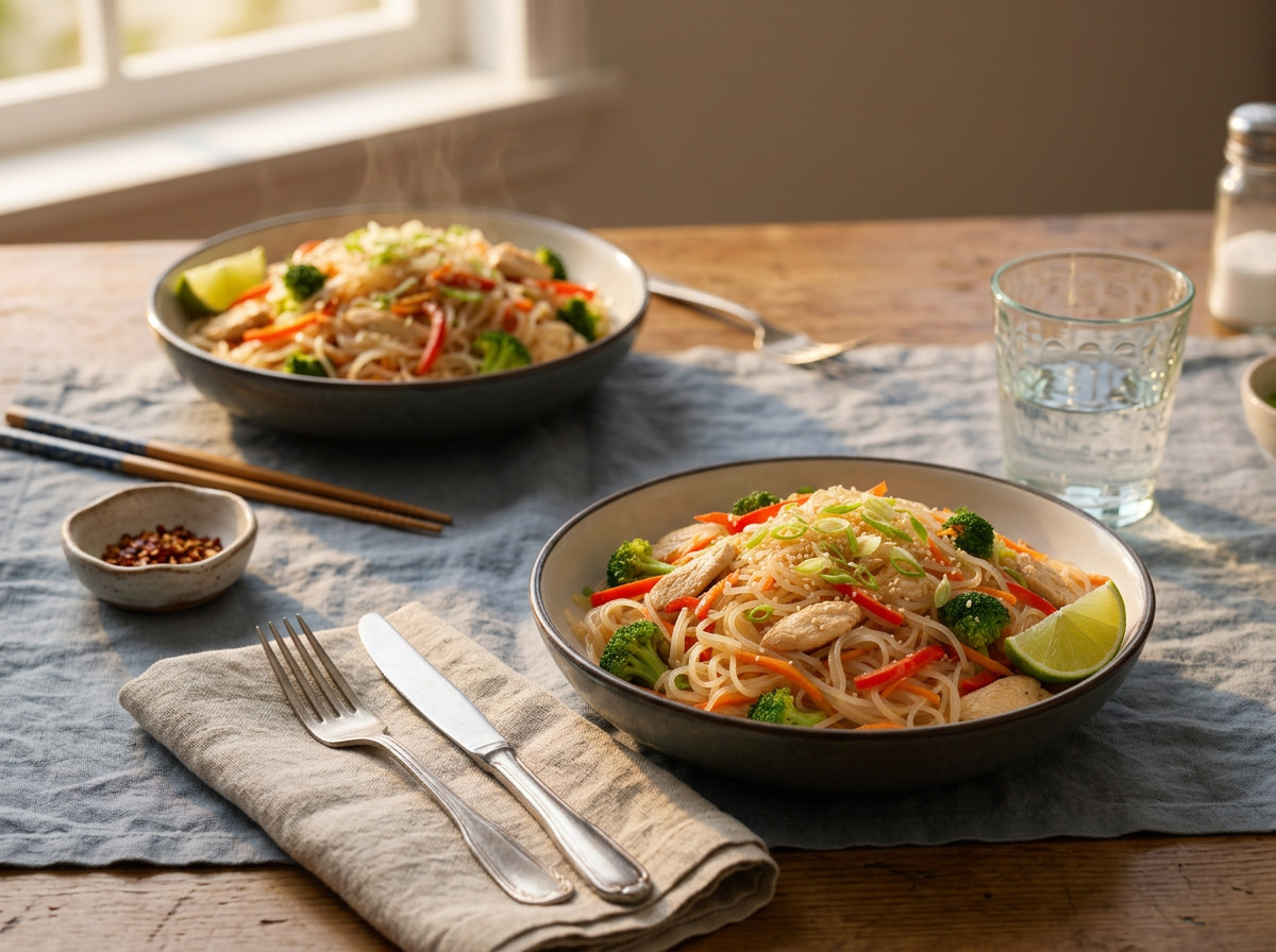 Two bowls of chicken and vegetable noodles with chopsticks, lime wedges and a linen napkin on a dinner table