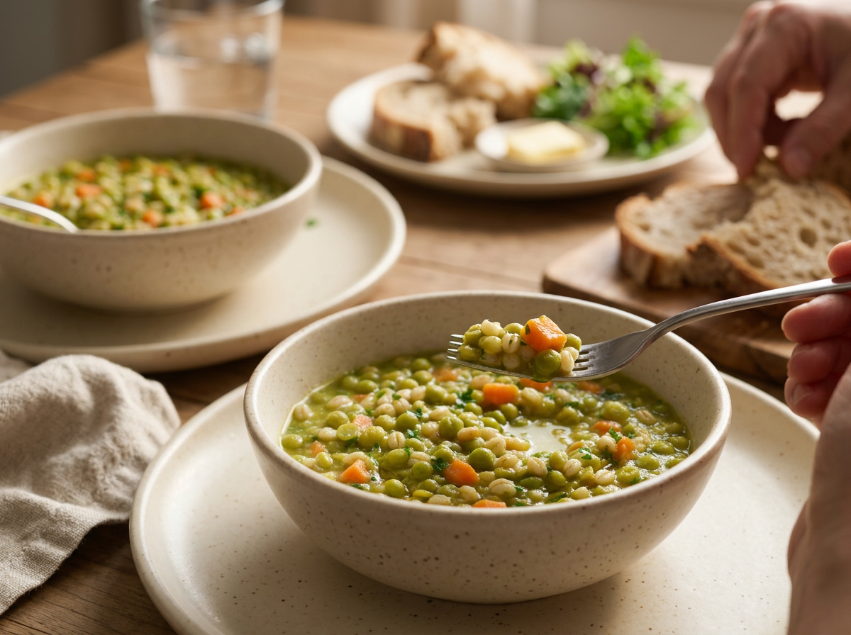 Two bowls of stew with torn sourdough and a small green salad on a wooden table by a sunny window