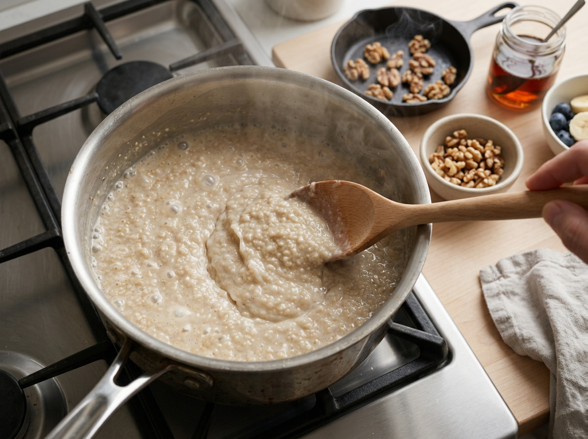 Wooden spoon stirring thick amaranth porridge in a stainless saucepan as it simmers on the stove