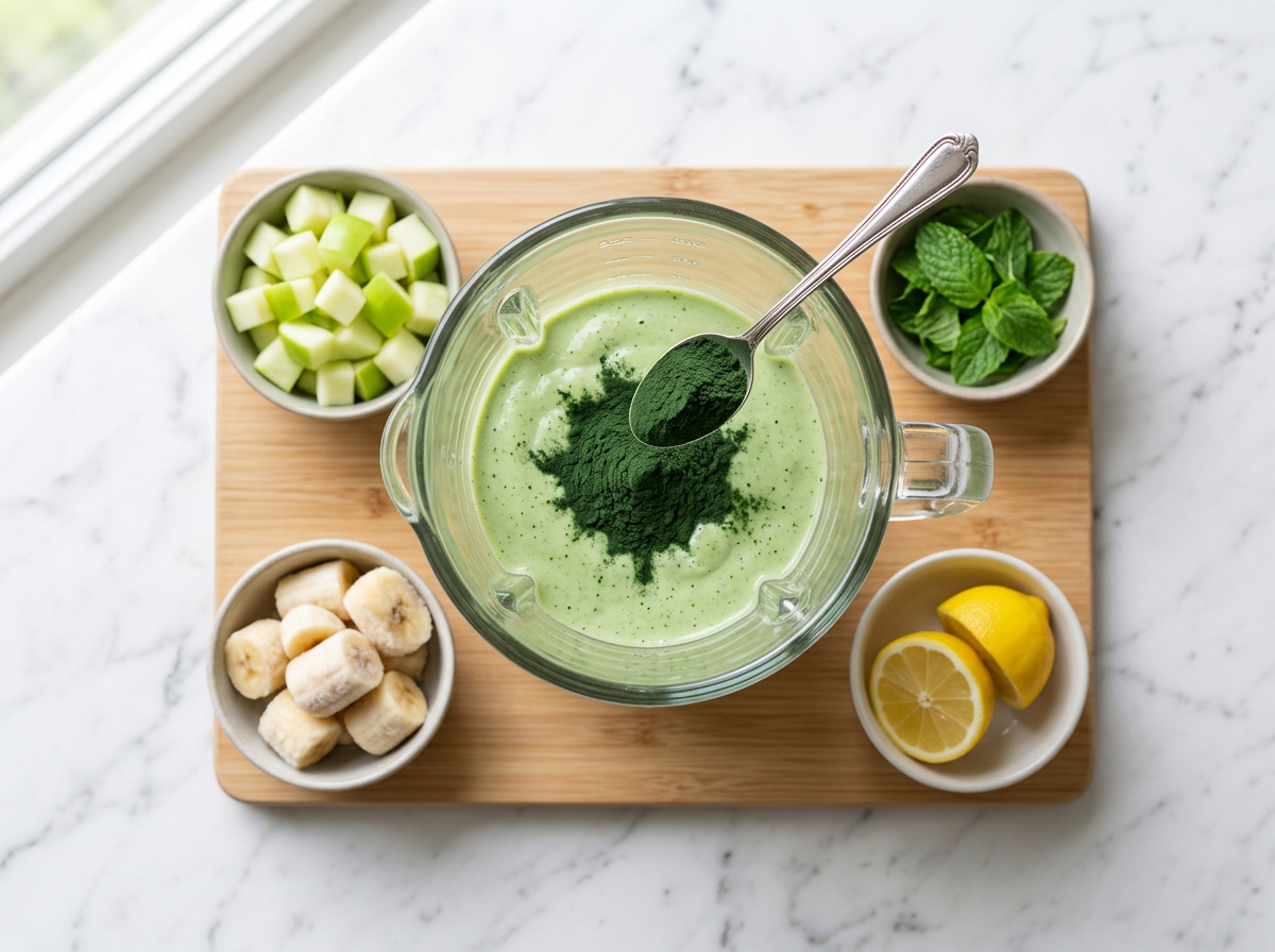 Chopped green apple, frozen banana chunks and a spoon of dark chlorella powder going into a blender jar on a wooden board