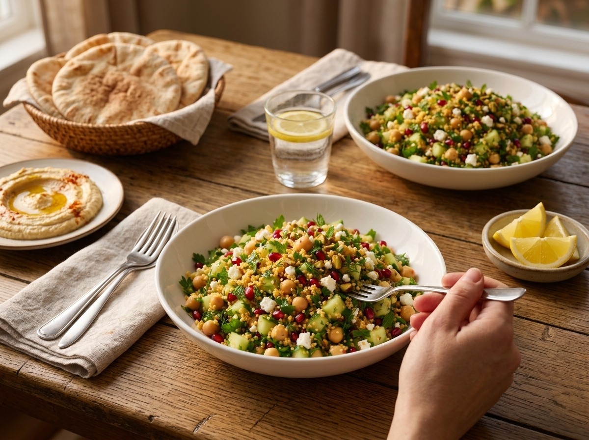 Two filled bowls on a wooden table with warm pita, lemon wedges and hummus ready for a weekday lunch