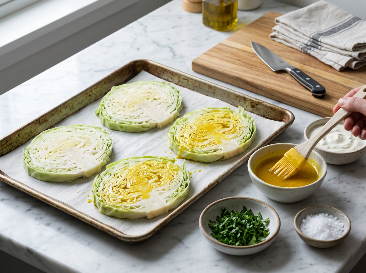 Hand brushing yellow spiced oil onto raw cabbage slabs lined up on a parchment-covered sheet pan