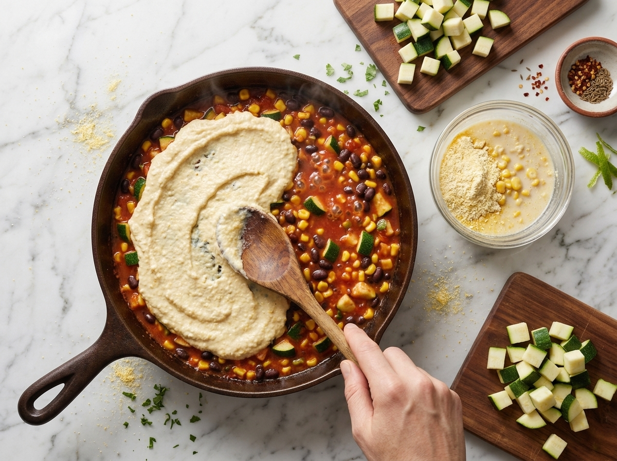 Wooden spoon spreading pale cornmeal batter across the hot, bubbling bean and vegetable filling in a skillet