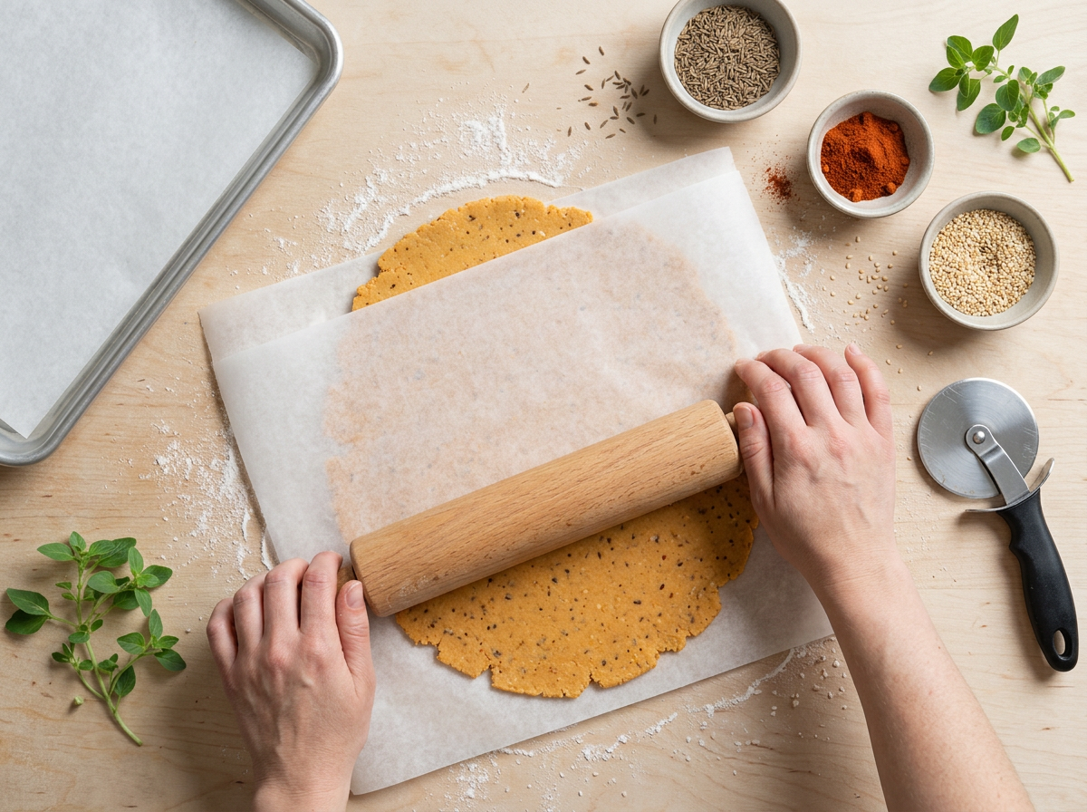 Hands rolling red lentil dough thin between parchment sheets on a floured counter before cutting into squares