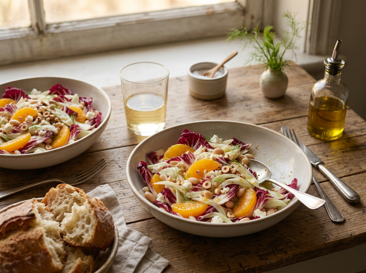 Two bowls of salad on a wooden table beside torn crusty bread, a glass of white wine and a folded napkin at lunch