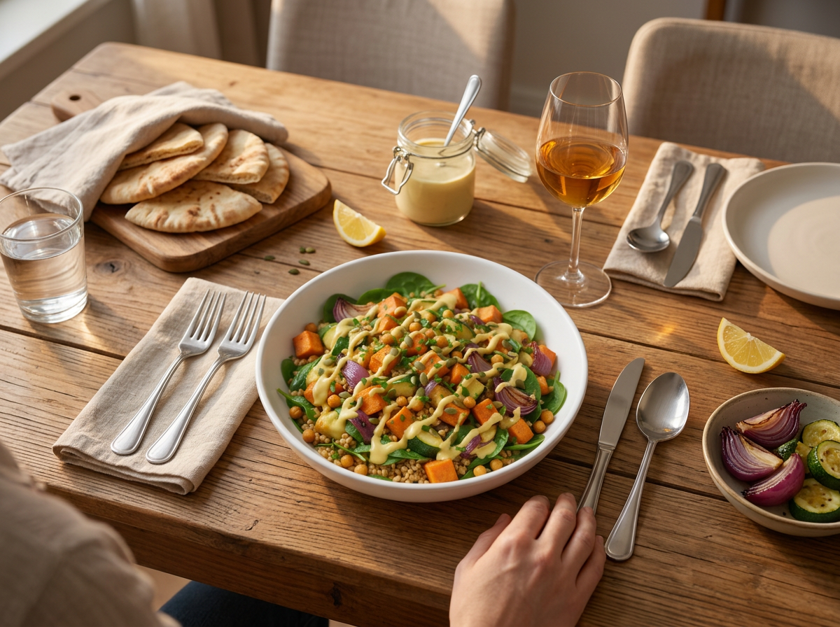 Two people sharing grain bowls at a wooden table with warm pita, lemon wedges and a jar of dressing