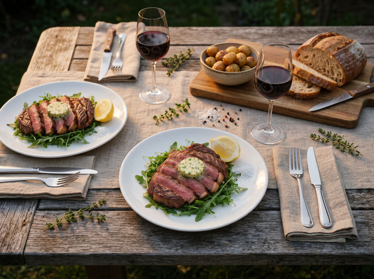 Two plates of steak and greens on an outdoor table with a lemon half, red wine glasses and a linen napkin at dusk