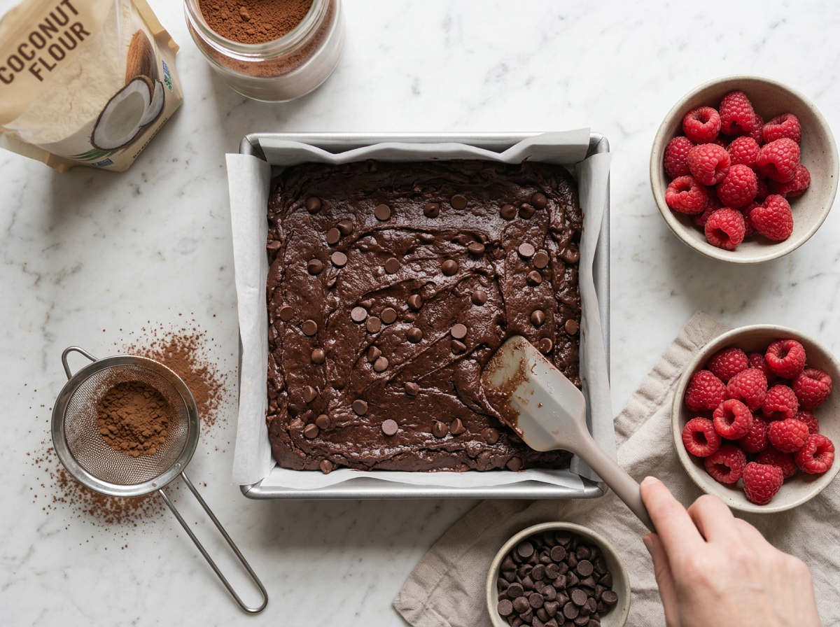 Thick chocolate batter being pressed into a parchment-lined square pan with a damp silicone spatula